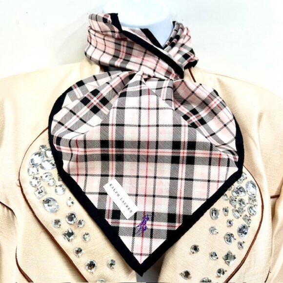 New Tag On Ralph Lauren MiniScarf/Handkerf Cotton/Silk 20" Pink Gray Black Check - Picture 5 of 8